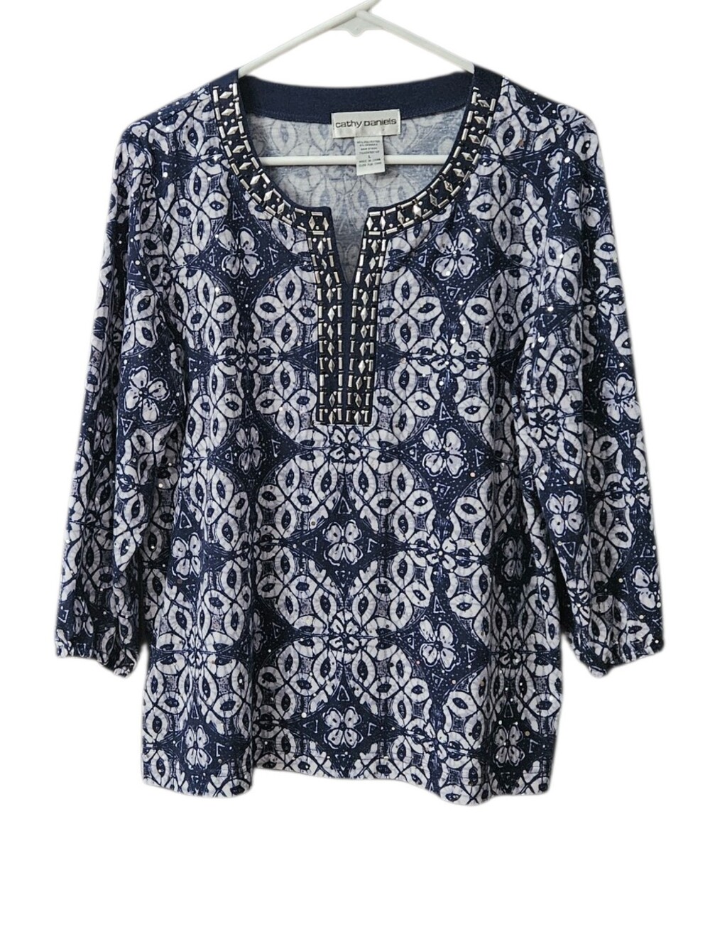 Cathy Daniels Split Neck Tunic Top Embellished Women Large Blue White 3/4 Sleeve